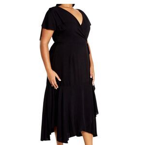 City Chic Women's Plus L/20 Black Wrap Maxi Dress Asymmetric Ruffle Skirt